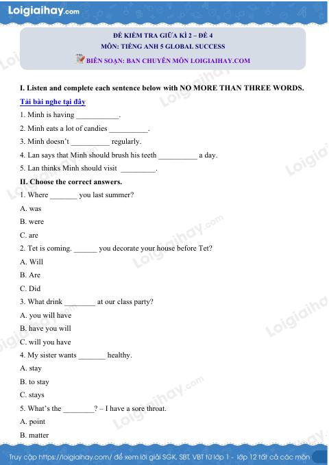 Đề thi giữa kì 2 Tiếng Anh 5 Global Success - Đề số 4